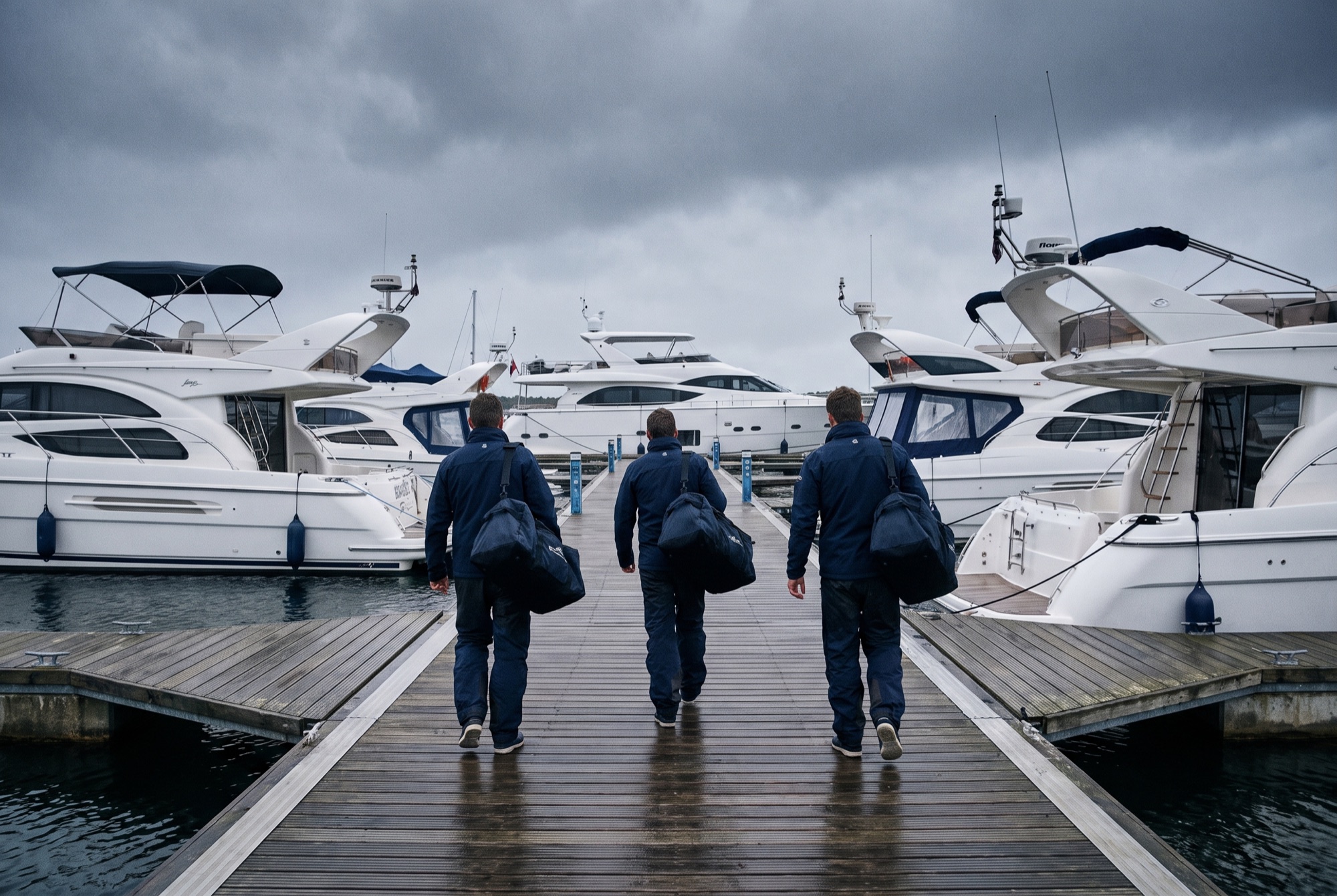 Delivery crew walking down a marina pontoon towards a motor yacht with kit bags