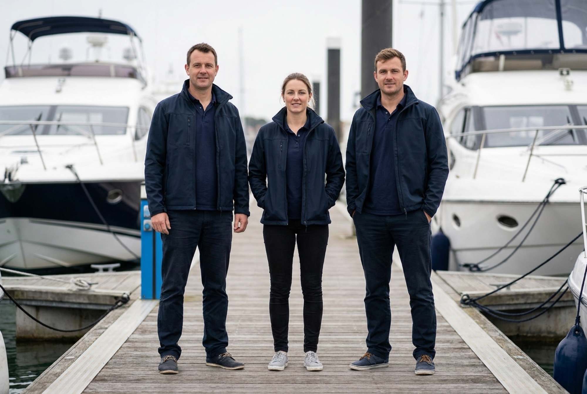 Professional yacht delivery crew on a marina pontoon