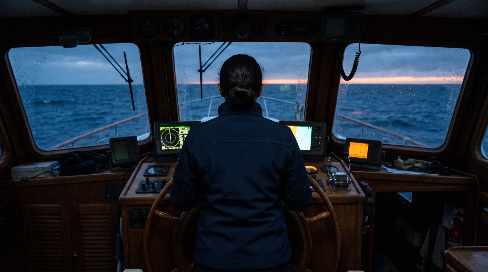 A skipper seen from behind at the wheel of a motor yacht on passage at dusk