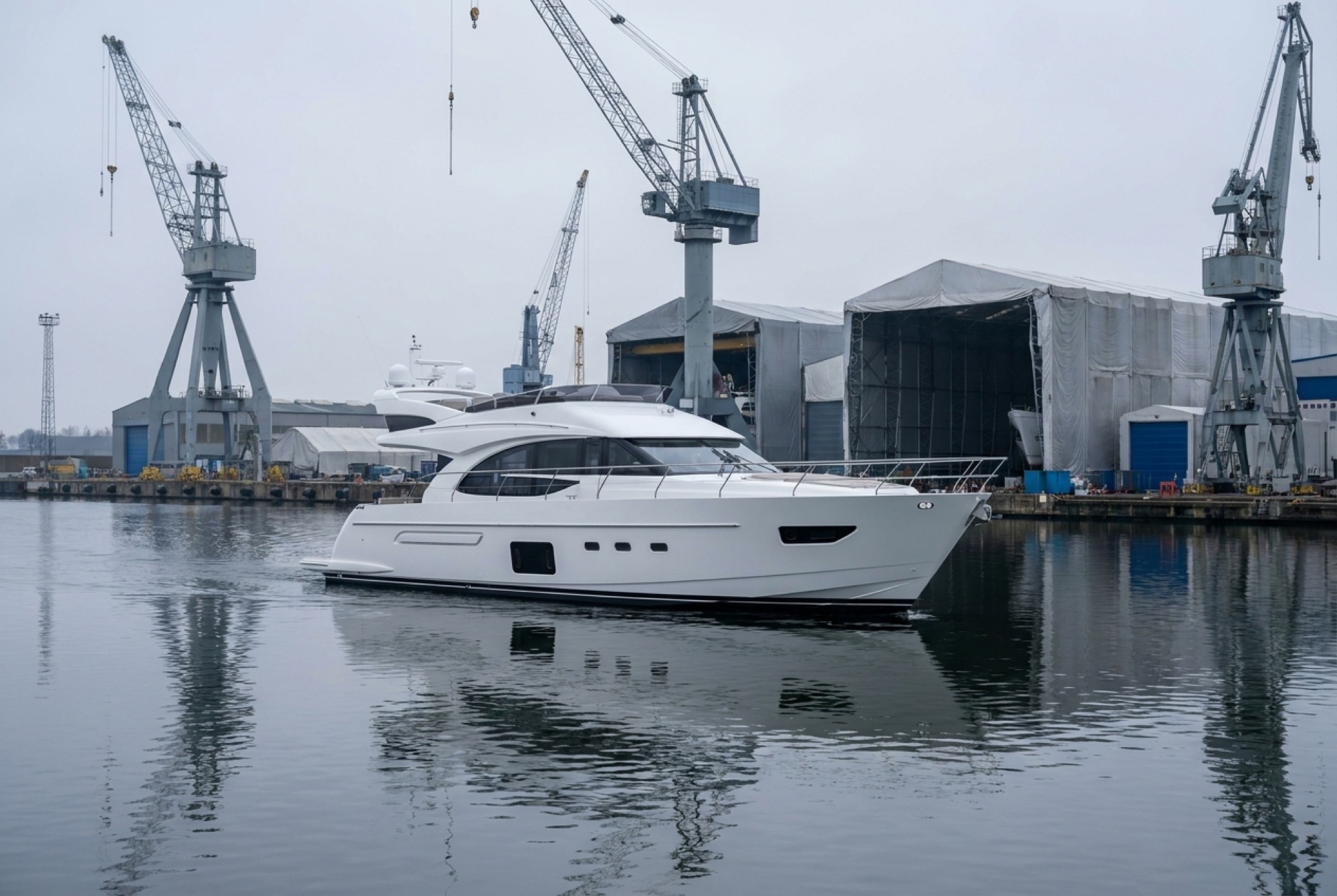 A motor yacht under way with delivery crew aboard